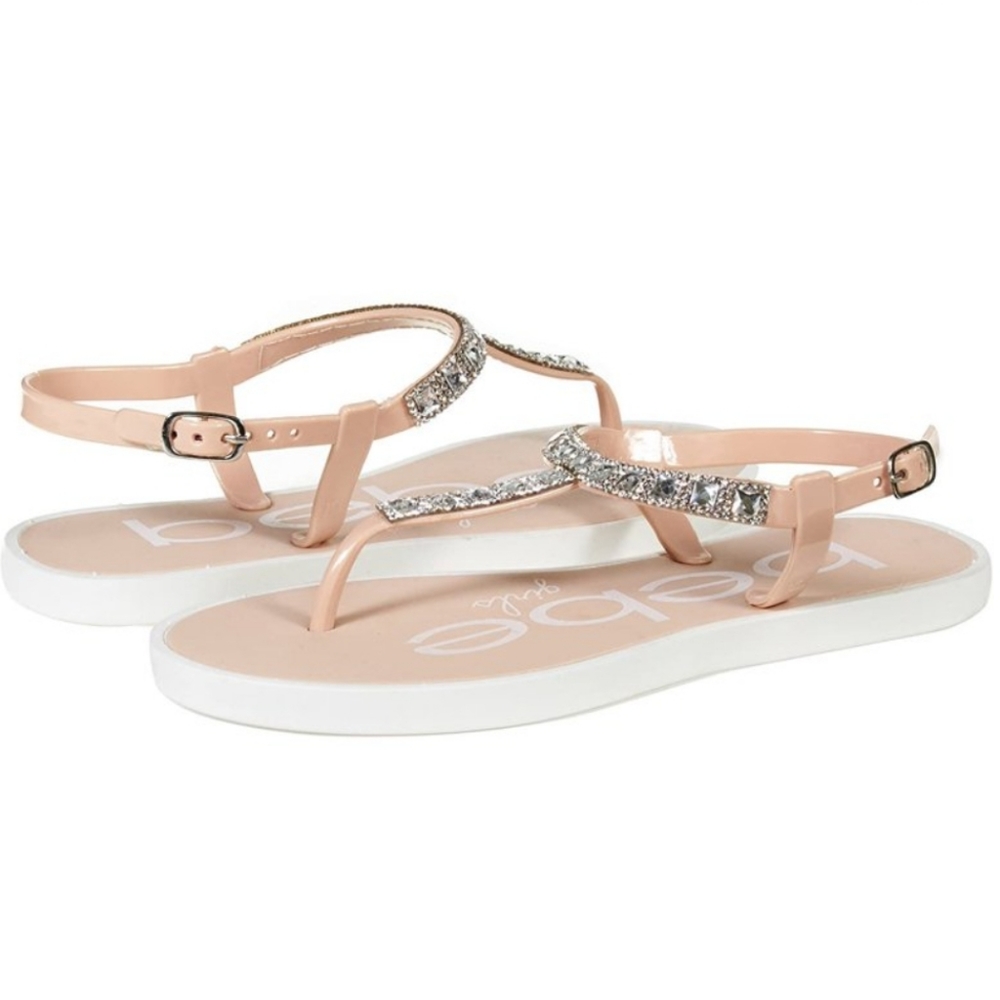 Bebe Girl's Blush T-Strap Slingback Sandals with Sparkly Rhinestones L 2-3 - Picture 2 of 11